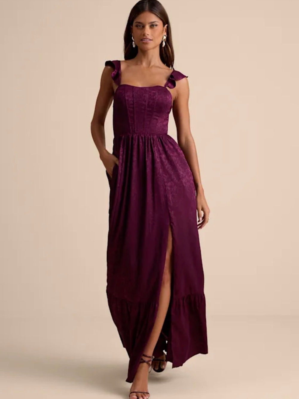 ❤️🔥BOGO FREE NWT LULUS Arlaith Plum Jacquard Lace-Up Corset Maxi Dress Large